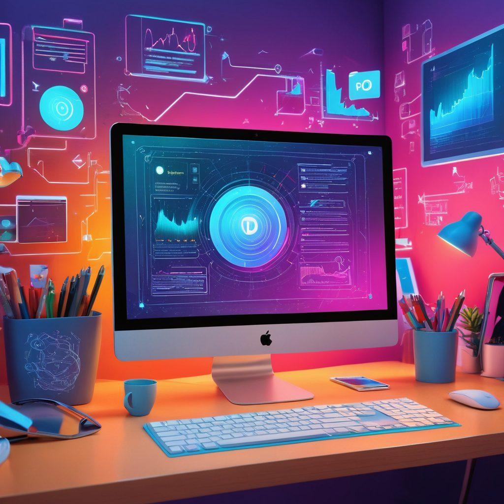 A creative workspace showcasing a computer screen with a PDF document being converted to a JPG image. Include a toolkit with various editing tools and icons representing image formats around the workspace. The background has a vibrant, tech-inspired design with digital elements and symbols of transformation. The overall atmosphere is inspiring and modern, highlighting the concept of image transformation. super-realistic. vibrant colors. digital art.