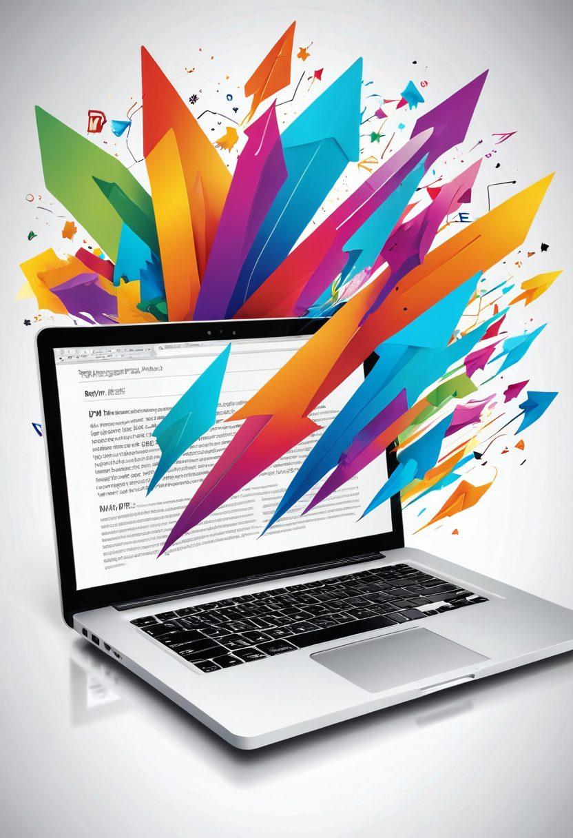 A dynamic visual representation of a PDF file morphing into various image formats like JPG with vibrant arrows and icons. The background shows a seamless blend of digital tools and transformation elements, illustrating effectiveness and ease of conversion. Place a glowing laptop displaying the conversion process, surrounded by colorful abstract designs of images coming to life. super-realistic. vibrant colors. white background.