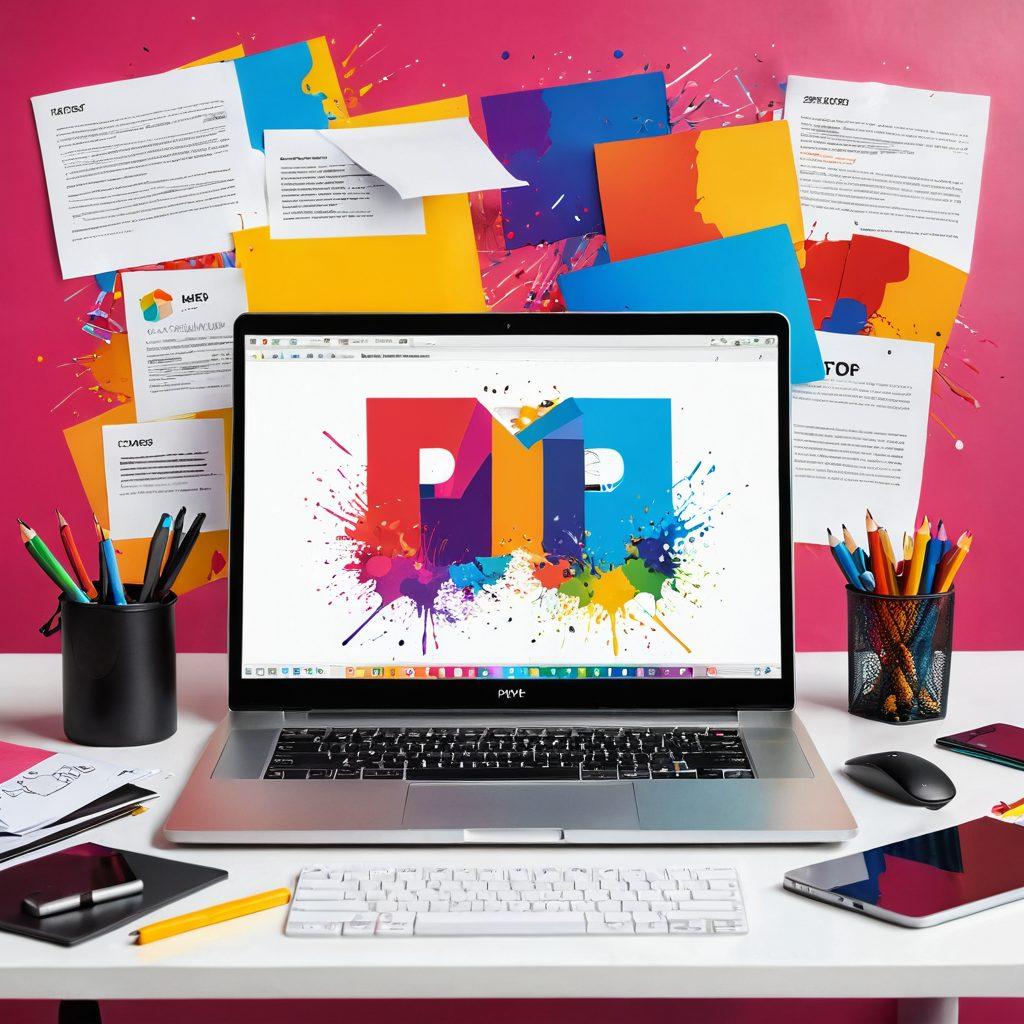 A sleek workspace featuring a high-tech laptop displaying a vibrant PDF converting interface, surrounded by color splashes of various images being converted, and tools like scissors and printed photos scattered around. The background should be a bright, modern office with a hint of creativity and innovation. super-realistic. vibrant colors. white background.